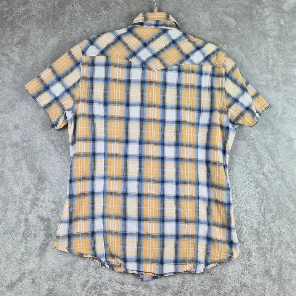 True Religion Rocky Western Shirt Men Large Yellow Blue Plaid Pearl Snap Cotton